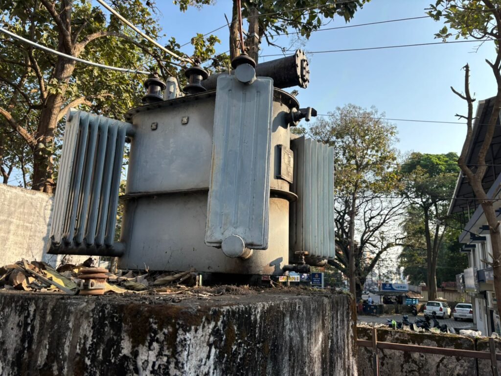 Outdoor 11kV distribution transformer installation on concrete pedestal - HT transformer work in Kerala
